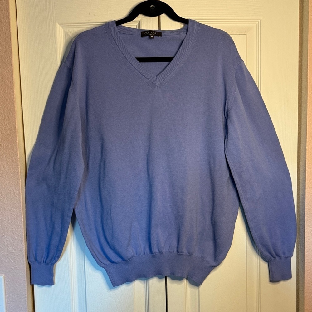 Canali Men’s V-Neck Sweater Size 54 XL Periwinkle Blue 100% Pima Cotton